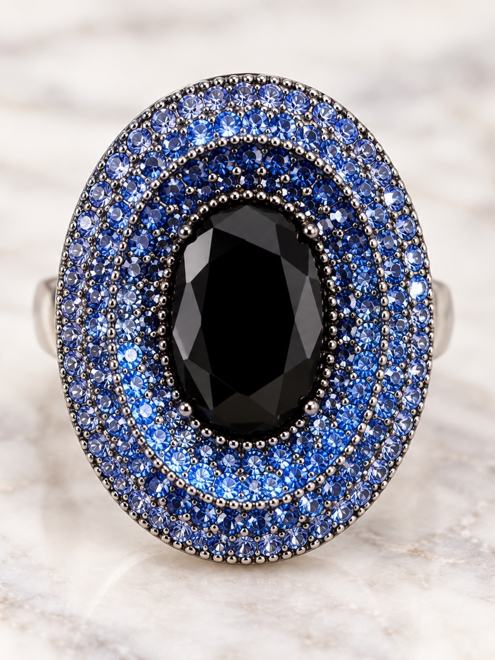 nOir NYC Blue Crystal Halo Cocktail Ring Black Center Stone Size 7